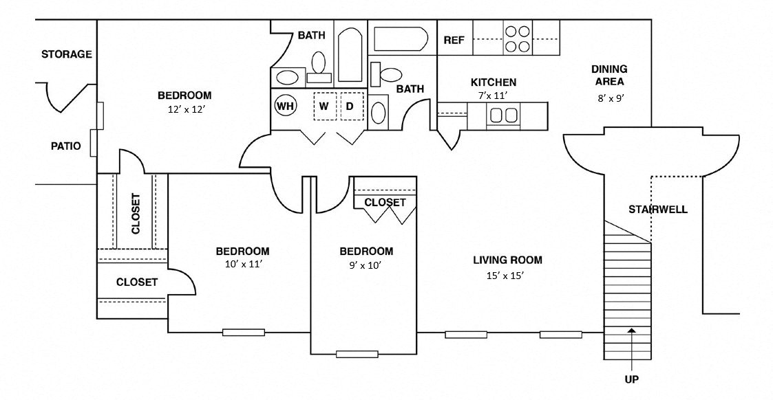 Floor plan for 3 beds, 2 baths, 1100 sqft